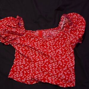 SHEIN Red Puff-Sleeve Floral Crop Top